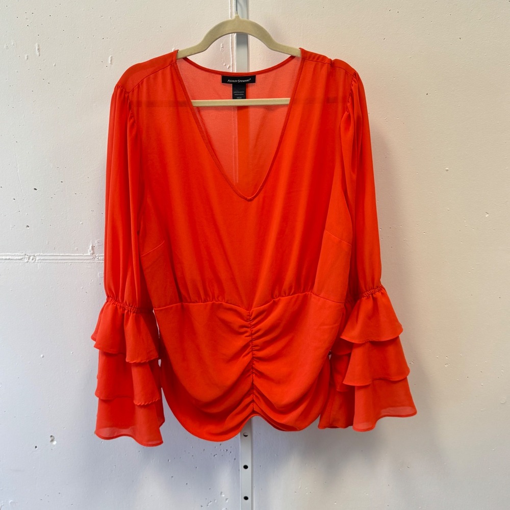 Ashley Stewart Orange Ruffle Tiered Sleeve Ruched V-Neck Blouse Plus Size 18/20‎